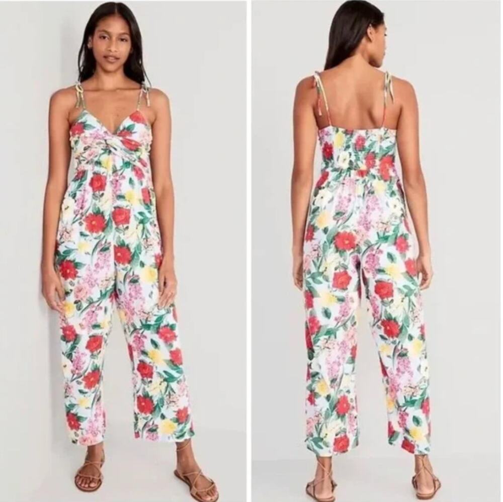 Old Navy Floral Linen Tie Shoulder Twist Front Smocked Jumpsuit Romper L Crop